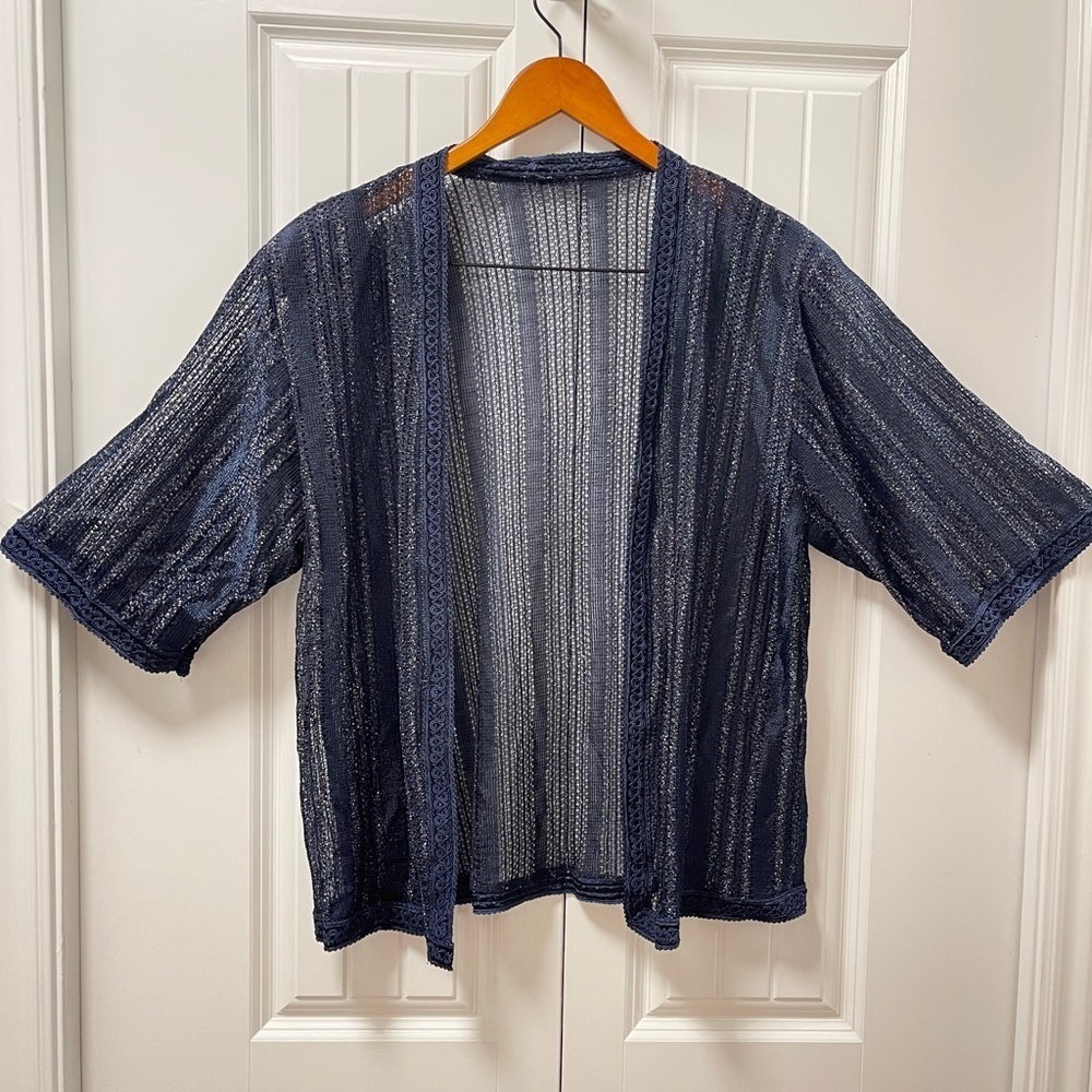 Vintage Tinsel Open Front Kimono Cover Up Jacket Navy & Silver – O/S
